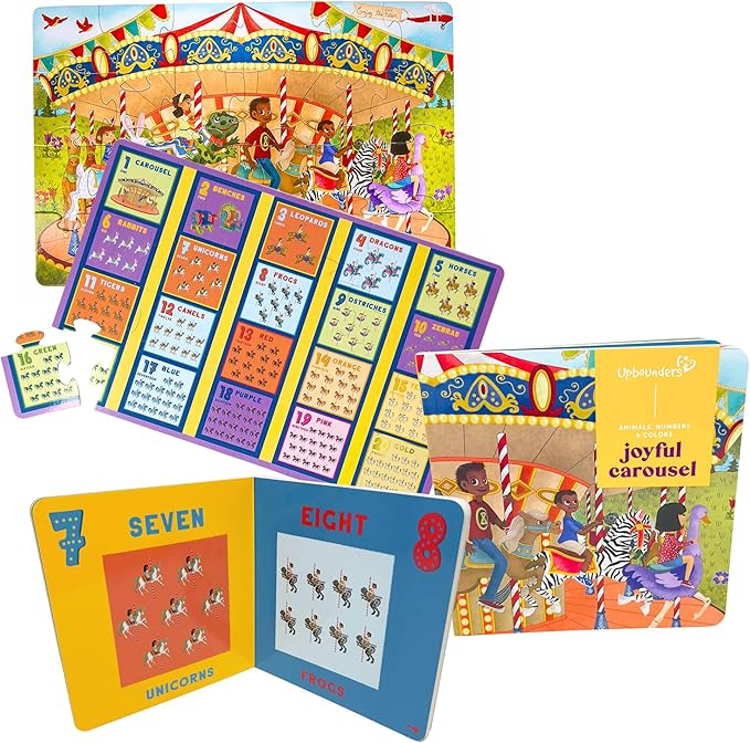 Upbounders® Double Sided Carousel Animal Jigsaw Puzzle & Picture Book Set for Kids | 24 Pcs Animals, Numbers & Colors Educational Toddler Toy | Preschool Jumbo Puzzle with Board Book for Boys & Girls