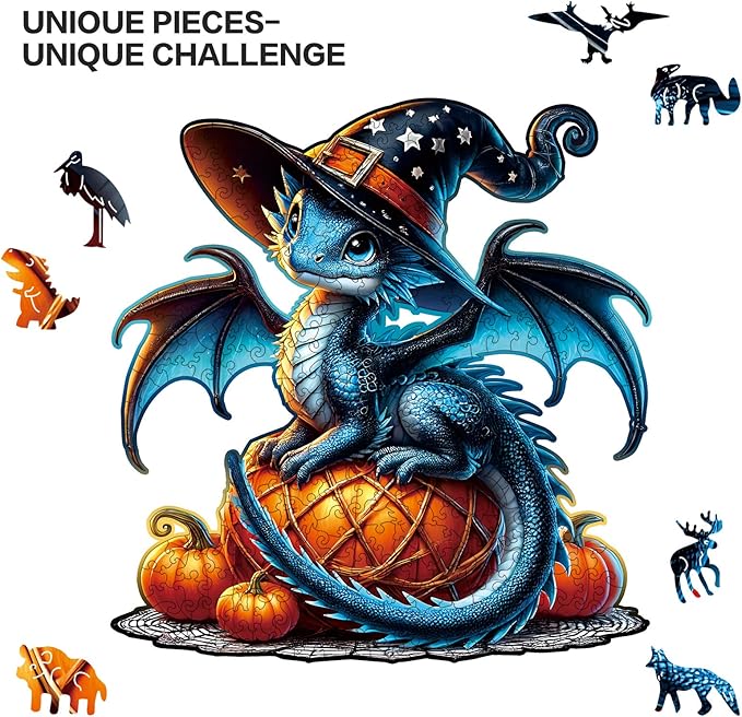 Dragon Wooden Puzzles for Adults,Pumpkin Witch Jigsaw Puzzles 300 Piece,Thanksgiving Birthday Gifts Family Game,Unique Shape Puzzle Challenge 14.9 x 14.9 Inch