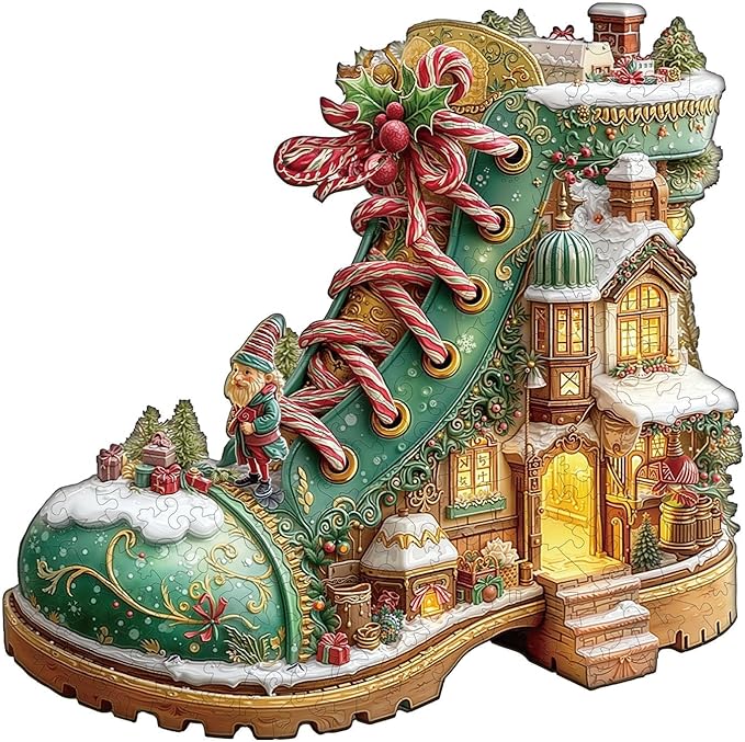 Wooden Puzzles for Adults, Christmas Snow Boot Hut Wooden Jigsaw Puzzle for Adults, Unique Shape Wood Puzzles Adult, Presents for Women and Men, Wall Art Home Decor(M-11.4 * 11.4in- 175 Pieces)