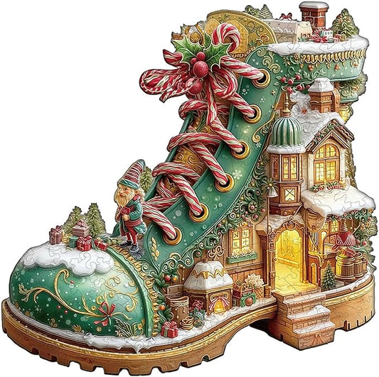 Wooden Puzzles for Adults, Christmas Snow Boot Hut Wooden Jigsaw Puzzle for Adults, Unique Shape Wood Puzzles Adult, Presents for Women and Men, Wall Art Home Decor(L-13.4 * 13.4in- 240 Pieces)