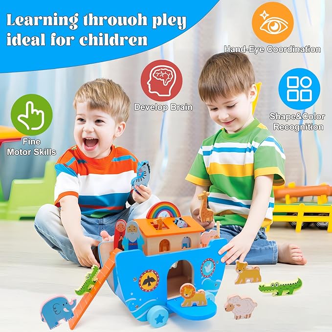 Wooden Noah's Ark Toy Baptism Gifts for 1 2 3 4 Years Old Baby Boy and Girl Montessori Educational Toy for Toddlers with Bible Story Animal Shape Sorter