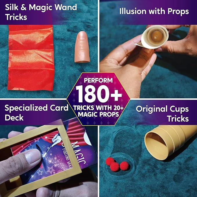 Klever Kits 180+ Magic Set- My First Magic Trick Kit- Amazing Magician Toy with Step-by-Step Video Lessons, for Kids Aged 6+ Easy Tricks of Wand and Illusion Cards