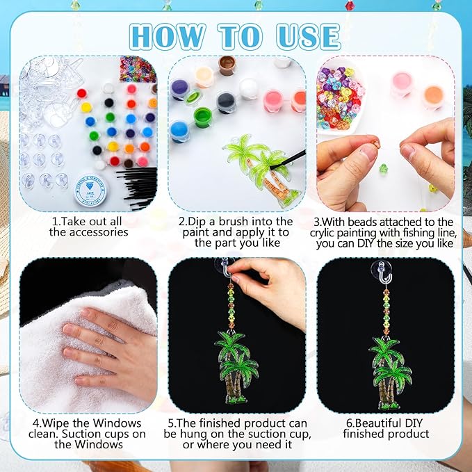 Yaomiao 30 Sets Summer Craft Kit End of Year Student Gifts Hawaiian Beach DIY Sun Catcher Bulk Paint Your Own Window Art Drawing Ornaments for Home Classroom Summer Activities Party Favor