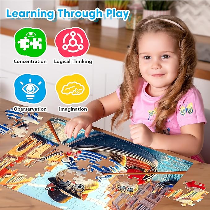 4 x 100 Piece Puzzles for Kids Ages 6-8 8-10 Year Old - Bear Cats & Dogs Large Piece Jigsaw Puzzles for Toddlers 5-8 100 Piece Puzzle for Adults Kids Learning Puzzle Toys Gifts for Girls Boys