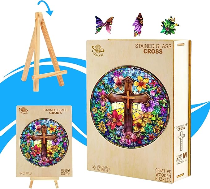 Wooden Puzzles for Adults, Stained Glass Cross Wooden Jigsaw Puzzle for Adults, Colorful Flowers Wood Puzzles Adult, Unique Shape, Fun Gifts for Friends & Family, Home Decor(M -11.4 * 11.4in-200 pcs)