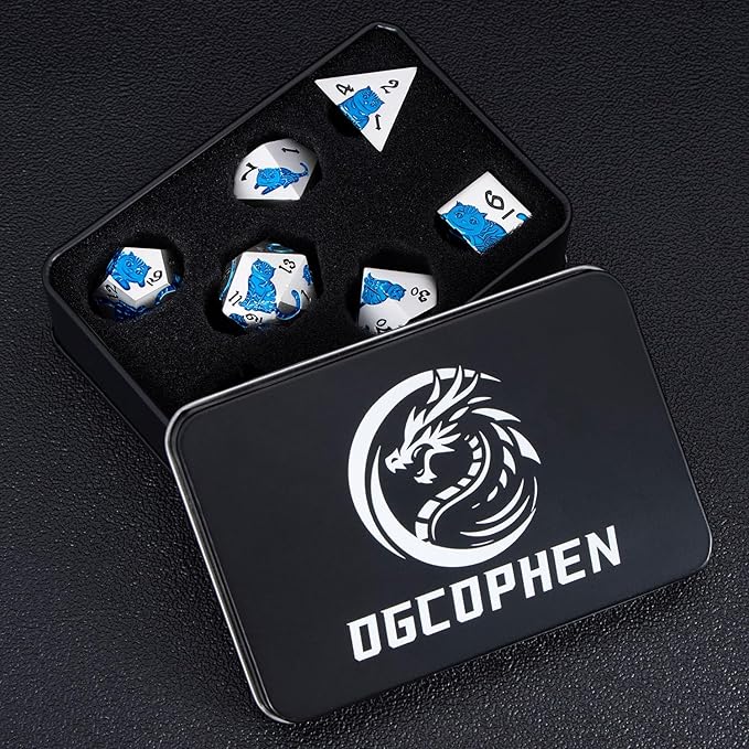 Metal DND Cat Dice 7PCS Polyhedral RPG Dice Set with Gift Case for Dungeons Dragons Role Playing Game, D and D Dice D6 D8 D10 D12 D20 D% (Silver Blue)