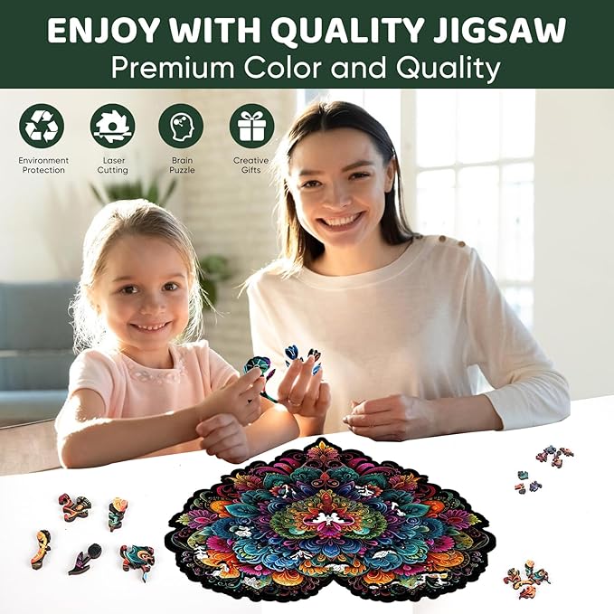 Ruikiyart Wooden Puzzles for Adults, 5MM 200 Pieces Heart Flower Wooden Jigsaw Puzzle, Mandala Unique Shapes Puzzles Great Gift for Adults and Ki on Birthday, Christmas (10.2"x11.2")