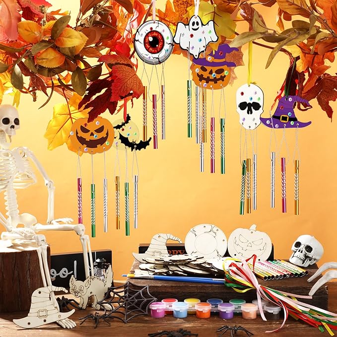 JellyArch 30 Pack Halloween Wind Chime Making Kit for Kids Make Your Own Wind Chime Ghost Spider Wooden Crafts Ornaments for Girls Boys DIY Activity Birthday Decoration