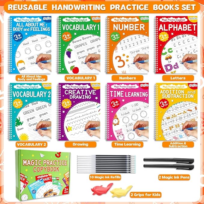gisgfim 8 Pack Magic Grooved Writing Practice Books for Kids Reusable Magical Handwriting Workbooks with Disappearing Ink Pens Pencil Grips Letter Tracing Copybook for Kindergarten Preschool Age 3-8