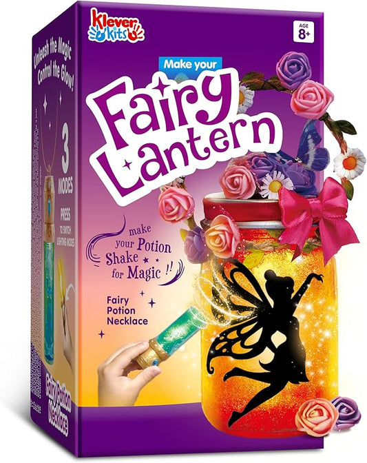 Klever Kits DIY Fairy Lantern Craft Kit with Rose Lights and String Lights - Birthday Gifts with 7 Color Fairy Potion Necklace, DIY Night Light Arts and Crafts for Girls Age 8+