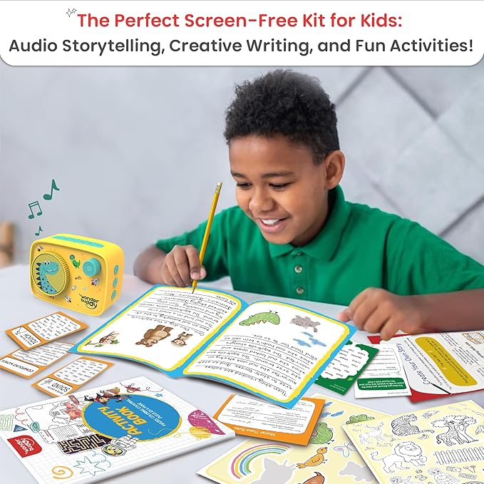 WonderBuddy Kids Story Box Audio Player, 500+ Preloaded Stories & Rhymes, Story Writing DIY Art Kit, Voice Recorder, Content Upgrade, Bluetooth, Birthday Gift for Boys Girls 3+ Years- Dino