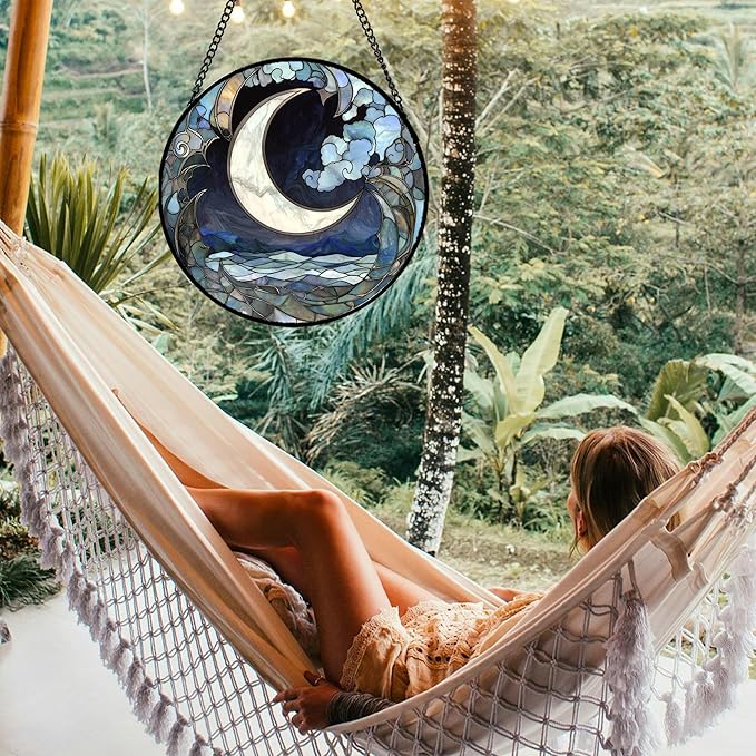 Stained Glass Window Hanging - Abstract Sea of Clouds Moon Sun Catcher for Door Terrace Garden Home Decor, Gray Blue Suncatcher Birthday Gifts for Lovers Women Men Dad Mom Nana 6.3 in