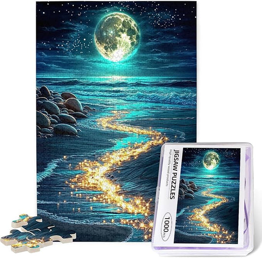 Seaside Moon Puzzles 1000 Pieces ，Beach Puzzles for Adults，Ocean Beach Theme Jigsaw Puzzles，Seaside Puzzle 1000 Pieces，Educational Toys Challenging Fun Games for Family and Friends