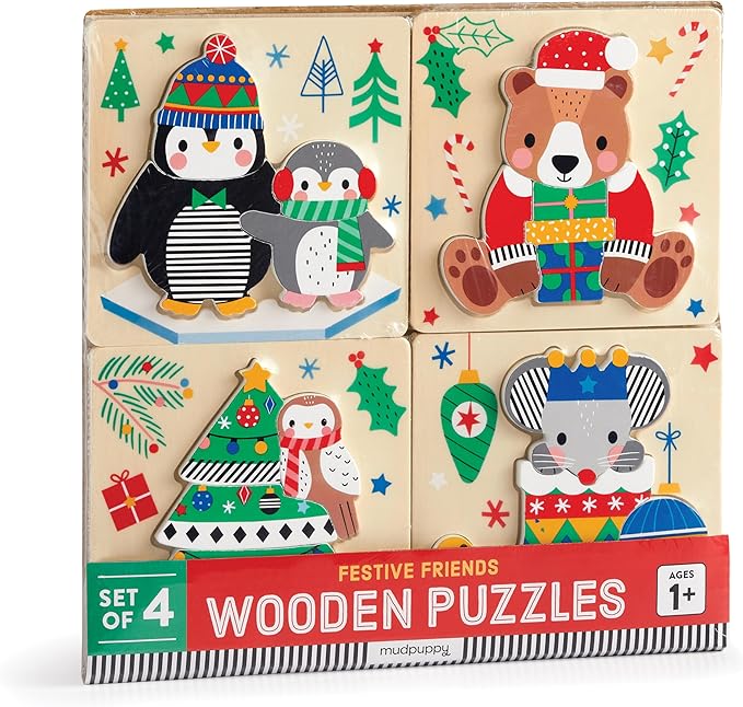 Mudpuppy Festive Friends – Set of 4 Wooden 4 Piece Puzzles Featuring A Colorful Christmas Scene with Adorable Characters Perfect for Toddlers