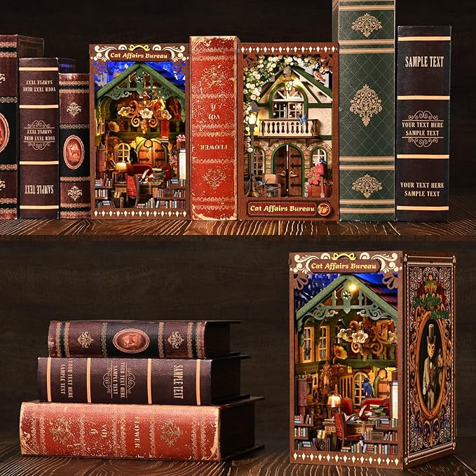 Book Nook DIY Kit for Adults Wooden 3D Puzzle Story 3D Bookend Bookshelf Decoration Miniature Doll House Interior Goods Gift,Cat Affairs Bureau