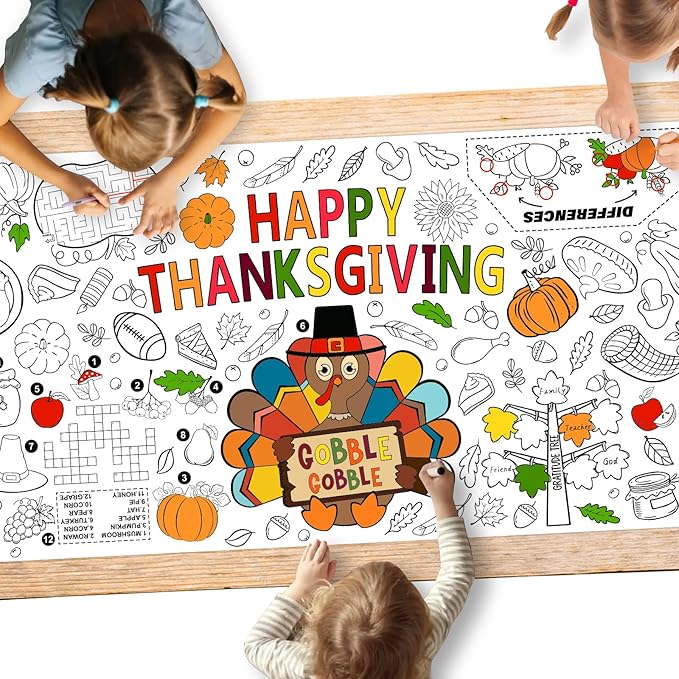 Family Fun Thanksgiving Activity Poster - 31.5 x 72 Inches, Turkey-Themed Thanksgiving Day Party, Versatile Paper Coloring Banner/Table Cover for Fall School Parties and Special Events Decoration