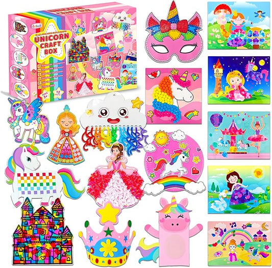 Unicorn Craft Box-12 Projects Fun Arts and Crafts for Kids Ages 4-8,Creative Educational Activity, No Mess Individually Packaged Travel Toys,Party Favors,Birthday Gift for Girls 3 4 5 6 7 8 Years Old