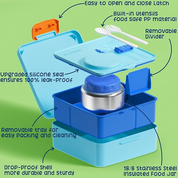 Fimibuke Bento Box for Kids Adult, BPA Free & Leakproof Toddler Lunch Box with 8.5oz Insulated Food Jar, Utensils & Sauce Jar, Dishwasher Safe 3 or 4 Compartment Container for School Girl Boy