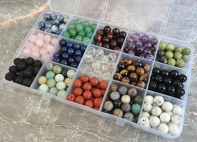 375pcs 8mm Polished Natural Stone Beads Crystals Round Genuine Real Stone Beading Loose Gemstone DIY for Bracelet Necklace Earrings(8mm,15 Color Mix-S2)