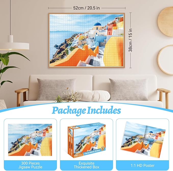 500 Piece Puzzle for Adults, Santorini Jigsaw Puzzles, Scenic Greece Island View Puzzle 500 Pieces, Birthday for Family, Friends and Adults, Relaxing Travel, 20.5" x 15"
