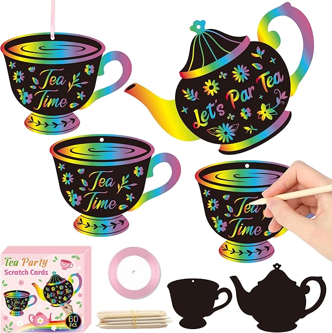 CY2SIDE Tea Party Scratch Cards - 60PCS DIY Floral Tea Cup and Teapot Scratch Paper Art for Kids School Activity, Let’s PARTEA Magic Art Rainbow Color Craft Ornament for Baby Shower Wedding Decoration