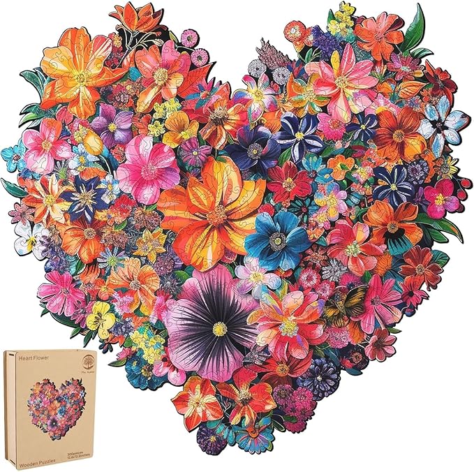 Mys Aurora Puzzles for Adults Heart Flower Wooden Puzzles, 300 Pieces Unique Shaped Jigsaw Puzzles, Birthday Gifts for Mom Adults and Kids, Fun Challenge Family Game 12.6 x 12.2 Inch