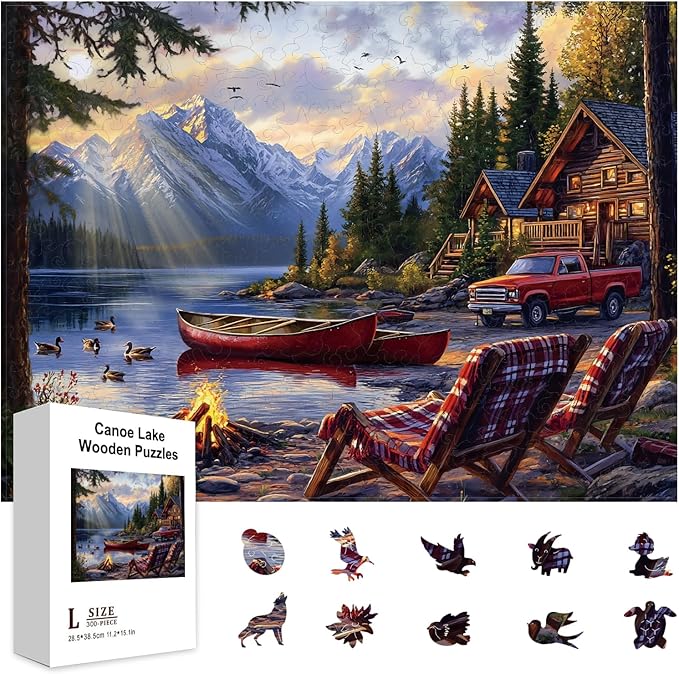 GLOBLELAND 300Pcs Canoe Lake View Wooden Jigsaw Puzzles for Adult Lake Sunset Colorful Unique Animal Shaped Jigsaw Puzzles for Holidays Birthday Gifts