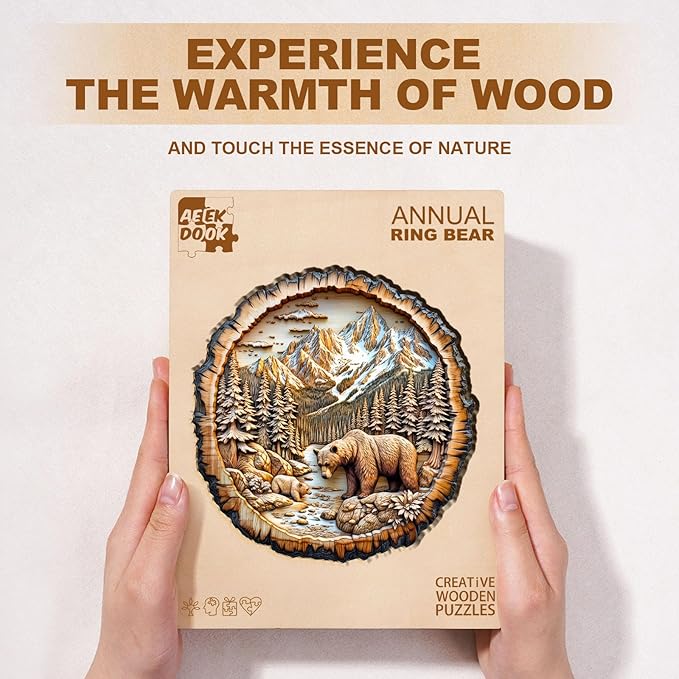 Wooden Puzzles for Adults - 200 Pieces Annual Ring Bear Puzzle - Unique Shapes Wooden Jigsaw Puzzles for Adults - Eco-Friendly Home Office Decor (M-11.4 * 11.4in)