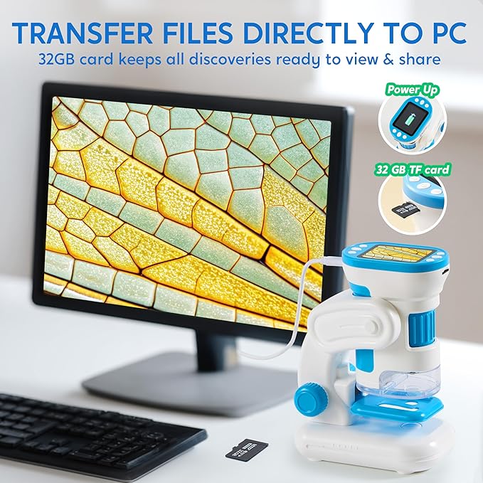 Klever Kits 2 in 1 Handheld Microscope for Kids, 1000X HD Digital Kids Microscope with 2.0'' LED Screen, Portable Pocket Handheld with Slides, 32G Card, Edu Gifts Toys for Ages 5-12