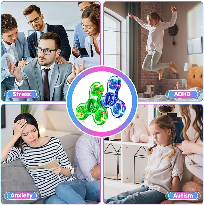 Fidget Spinner for Kids 2 PCS, Light up Sensory Fidget Toys Adults Kids 4-8-12 with Autism ADHD, Anxiety Toys Stress Relief Teen Boy Gifts, Glow in The Dark Party Favors Fidgets Classroom Prizes