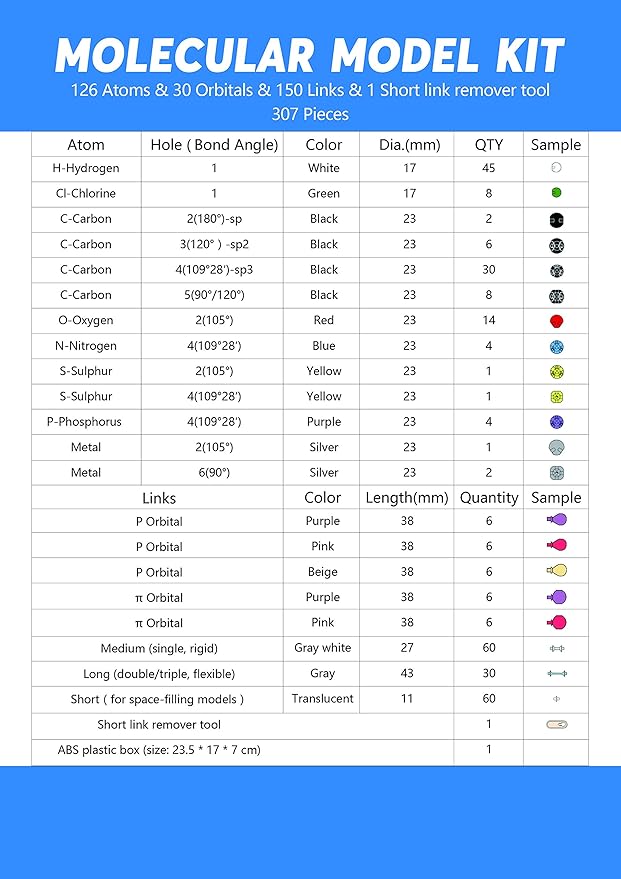 Swpeet 307 Pcs Molecular Model Kit for Organic and Inorganic Chemistry - Chemistry Molecular Model Student and Teacher Set - 126 Atoms & 30 Orbitals & 150 Links & 1 Short Link Remover Tool