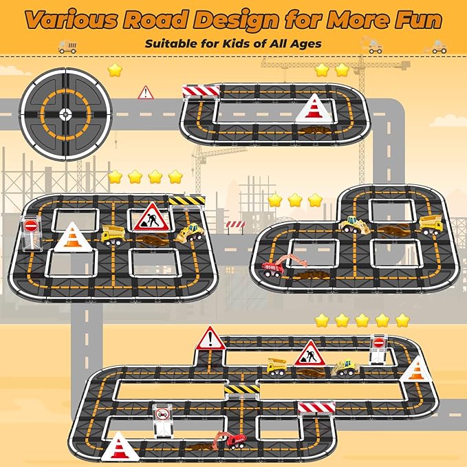 Magnetic Tiles, Magnetic Blocks Engineering Construction Vehicle Road Set, Toddler Toys for 3 4 5 Year Old Boys Girls Montessori Preschool Classroom Must Haves STEM Educational Kids Toys Birthday Gift