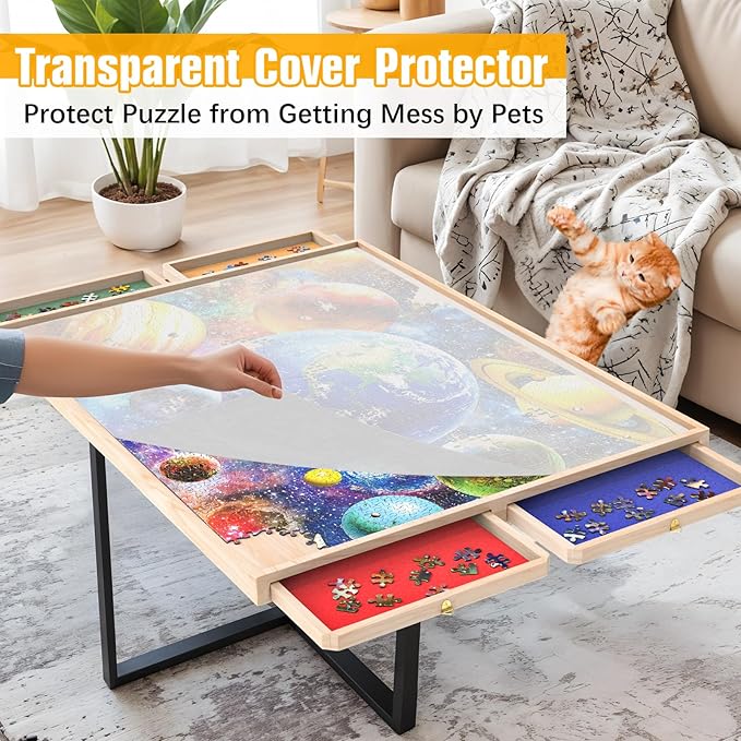 Puzzle Board with Drawers Rotatable 360-Degree Wheels and Cover 30" x 22" 1000 Piece Wooden Jigsaw Puzzle Table Storage Organizer Portable Lightweight Design