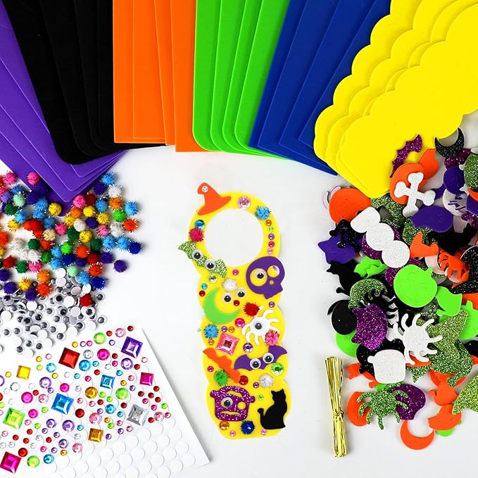 24 Set Halloween Craft Kits for Kids, DIY Halloween Doorknob Hanger Decorations Fall Arts & Crafts Supplies, Halloween Pumpkin Bat Ghost Monster Foam Stickers for Classroom Party Favors Activities