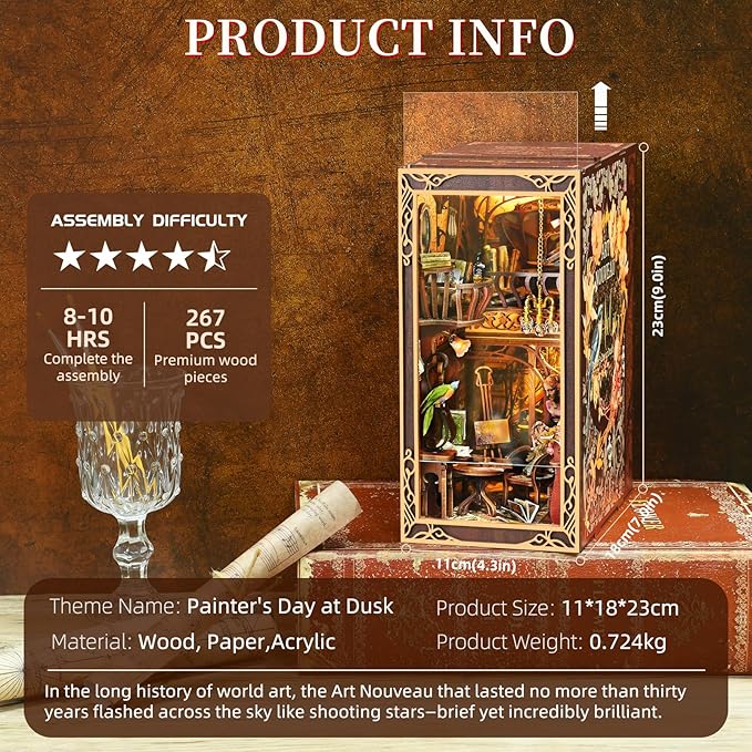 DIY Book Nook Kit for Adults, 3D Wooden Puzzle Bookend Bookshelf Insert Decor with LED Light and Dust Cover (Painter's Day at Dusk)