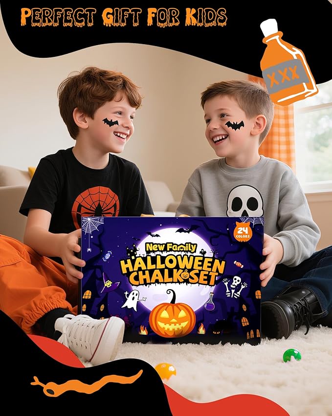 NewFamily Halloween Dustless Chalk Set - 24 Colors, Non-Toxic Washable Chalk with Spooky-Themed Magnetic Drawing Boards, Festive Gift for Kids & Toddlers