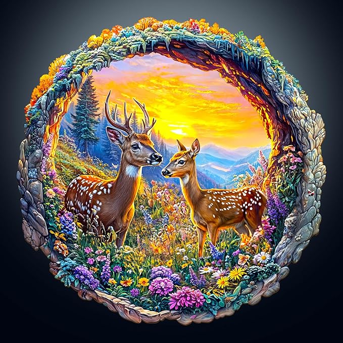 KAAYEE Wooden Puzzles for Adults, 3D Visual Effect Deer and Flowers Wooden Jigsaw Puzzle Unique Shape Wood Puzzle Adult, Birthday Gifts for Puzzle Lovers Family Games (M-11.4 * 11.3in-200pcs)