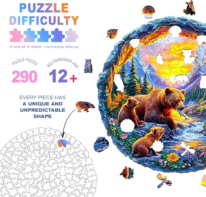 Wooden Puzzles for Adults - Bear Family Wooden Jigsaw Puzzle - Unique Animal Shaped Wood Puzzles Adult - Christmas Birthday Gifts for Adults/Friends/Family - 290pcs 13.4 * 13.3in