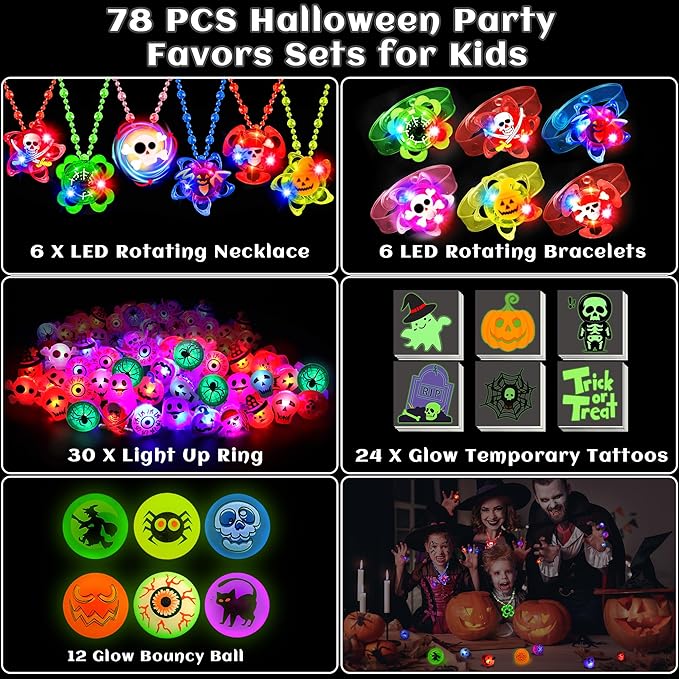 78 PCS Halloween Party Favors for Kids, Halloween Glow in The Dark Toys Bulk Light Up Rotating Necklaces Bracelet LED Rings Halloween Treats for Classroom Prizes Goodie Bag Fillers Trick or Treat Toy