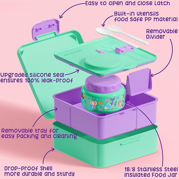 Fimibuke Bento lunch Box Set for Kids Adult with 8oz Thermos Food Jar, Insulated Lunch Bag &Sauce Cup, Leakproof Dishwasher Safe Toddler Lunch Food Container with 3-4 Compartment for School Girls Boys