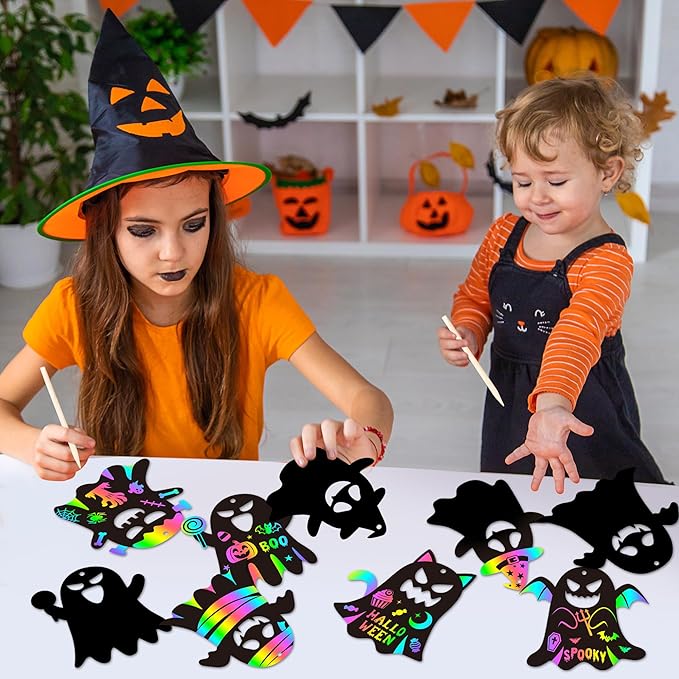 CY2SIDE Halloween Ghost Scratch Cards - 60PCS DIY Boo Spooky Scratch Paper Art for Kids School Activity, Cute Ghost Magic Art Rainbow Color Craft Ornament for Kids Halloween Trick or Treat Party Favor