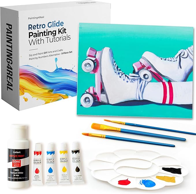 Painting4Real DIY Painting Class Kit for Adults with Video Tutorials: Learn to Paint Retro Glide – How to Paint with Acrylics – Painting & Art Supplies – 9 Piece Acrylic Paint Set