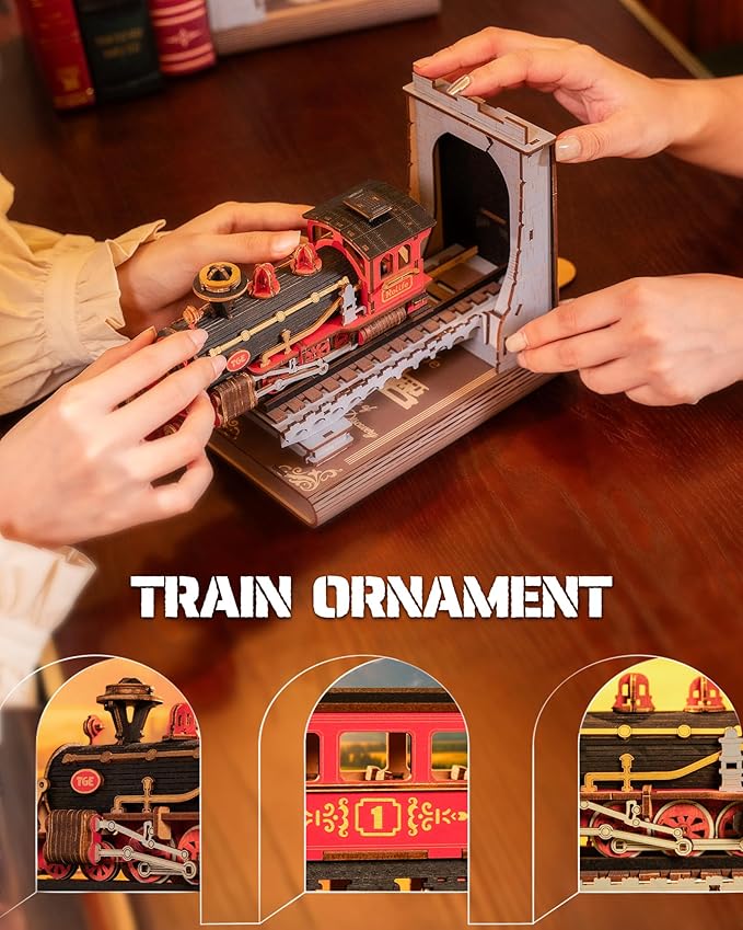 Rolife 3D Puzzles for Adults DIY Book Nook Kit Wooden VintageTrain Decorative Bookends 6.5" Model Building Kit Crafts for Adults Gifts for Boys Girls