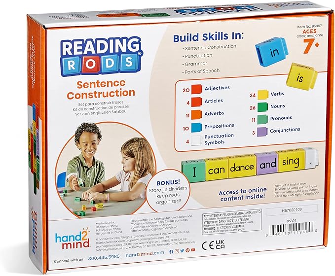 hand2mind Reading Rods Sentence Construction, Sentence Building for Kids, Parts of Speech Linking Cubes, Learn to Read Toys, Reading Tools for Kids, Science of Reading Manipulatives