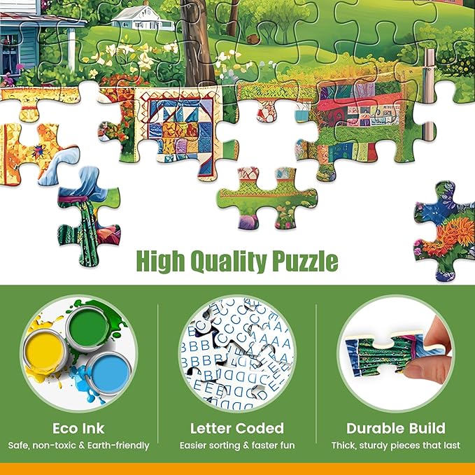 300 Piece Puzzles for Adults,Farm Grandma Jigsaw Puzzle for Adults Children Seniors,Large Piece Garden Puzzle for Kids Age 8-10 10-12,Vintage Country Quilts Puzzle,Family Game Great Gift 20.5x15in