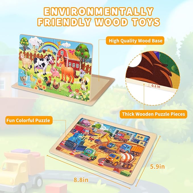 Wooden Puzzles for Kids Ages 4-6, 4 Packs 24 PCs Jigsaw Puzzles Preschool Educational Toys Gifts for Children Ages 3-8, Kids Puzzle for 3+ Year Olds Boys Girls
