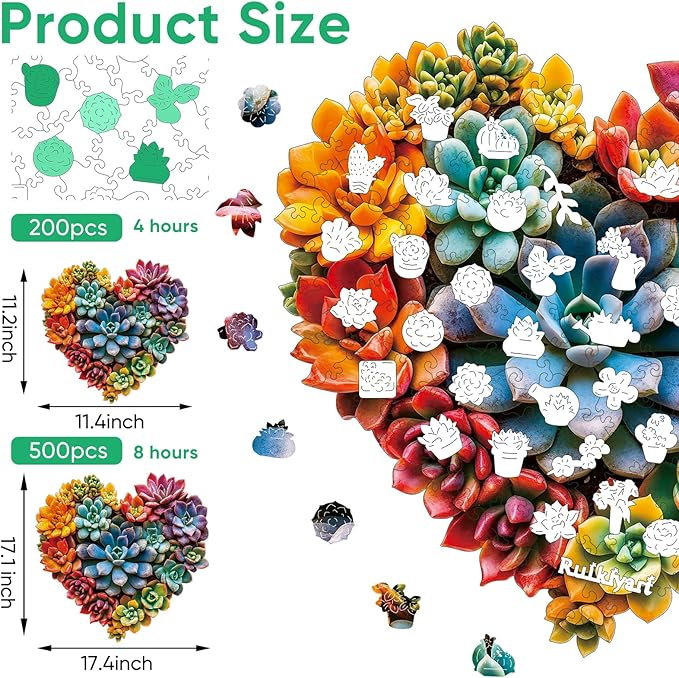 Ruikiyart Wooden Puzzles for Adults, 5MM 200 Pieces Succulent Heart Wooden Jigsaw Puzzles, Plant Unique Shaped Puzzle Gifts for Adults and Kids on Thanksgiving, Family Puzzle Games(11.4"*11.2")