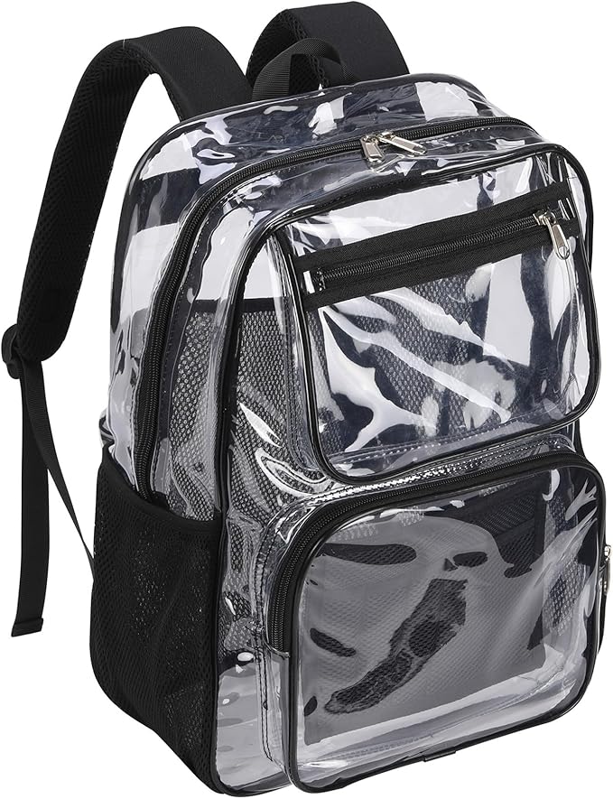 Lightweight Clear Bookbag for School or Stadium Events - Black Transparent Plastic See-Through Backpack Black