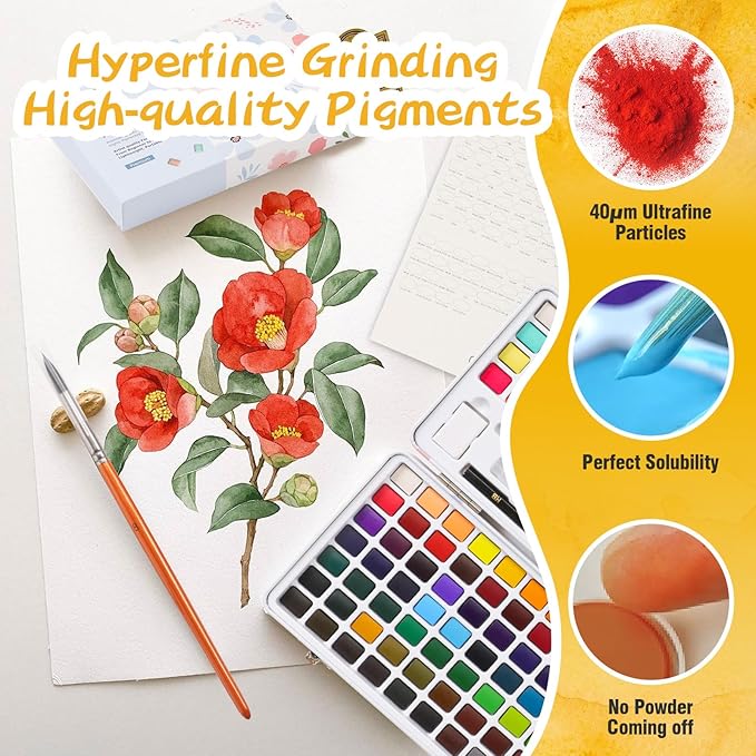 Caliart Metallic Watercolor Paints, 50 Colors Glitter Watercolors Set with 1 Brush, Portable Travel Painting Kit Gifts for Adults Artists Kids Teen Girls Boys Art Supplies