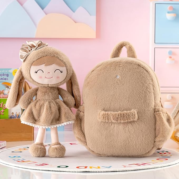 Gloveleya Toddler Backpack with Soft Brown Rabbit 11 inches Detachable Design for Girl Age 2+